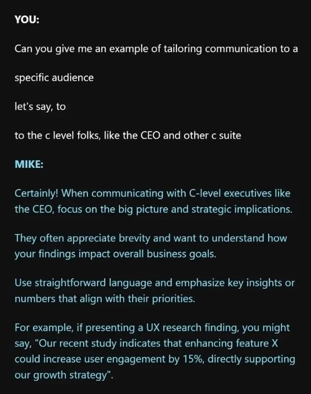 Screenshot of the Coachutopia app with the client talking to the coach about how to tailor their communication to the C-suite audience